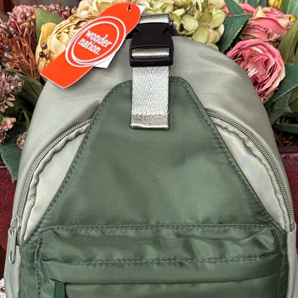 Brand New Wonder Nation Army Green Sling Bag Zippered Mini Backpack w/ Patches